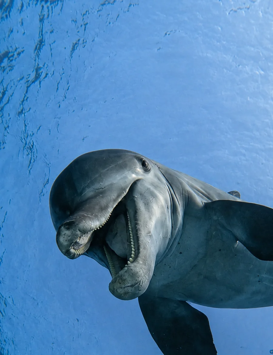 Delphin aus nächster Nähe mit Schnorchlern im Hintergrund