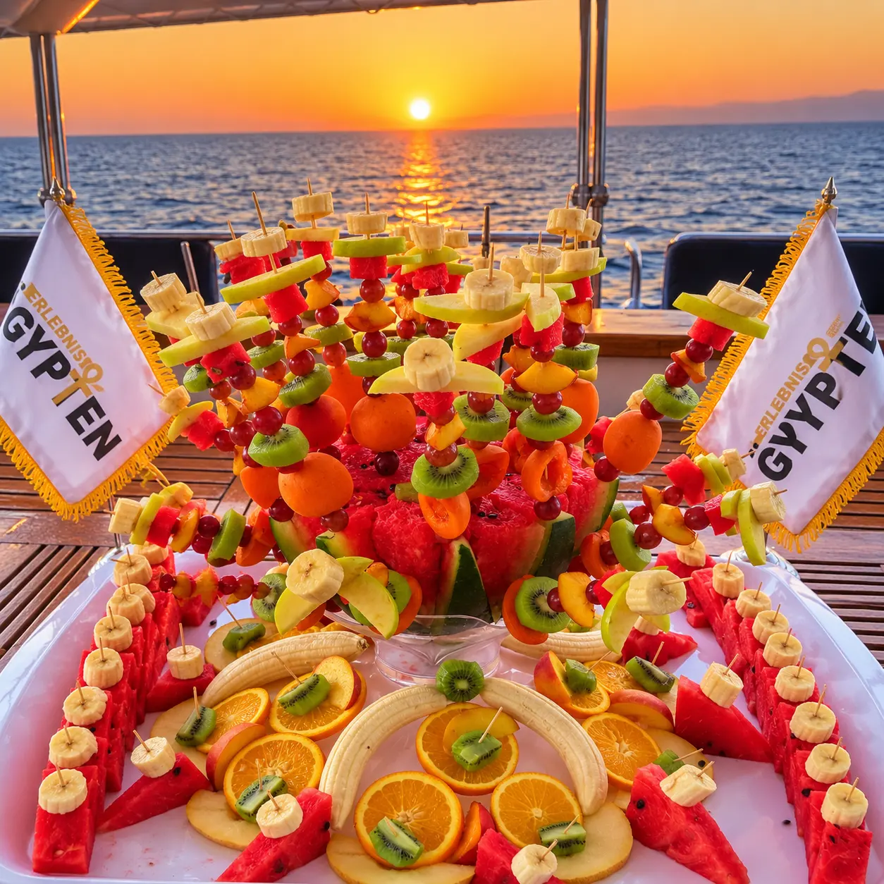 Frisches Obstbuffet an Bord bei Sonnenuntergang